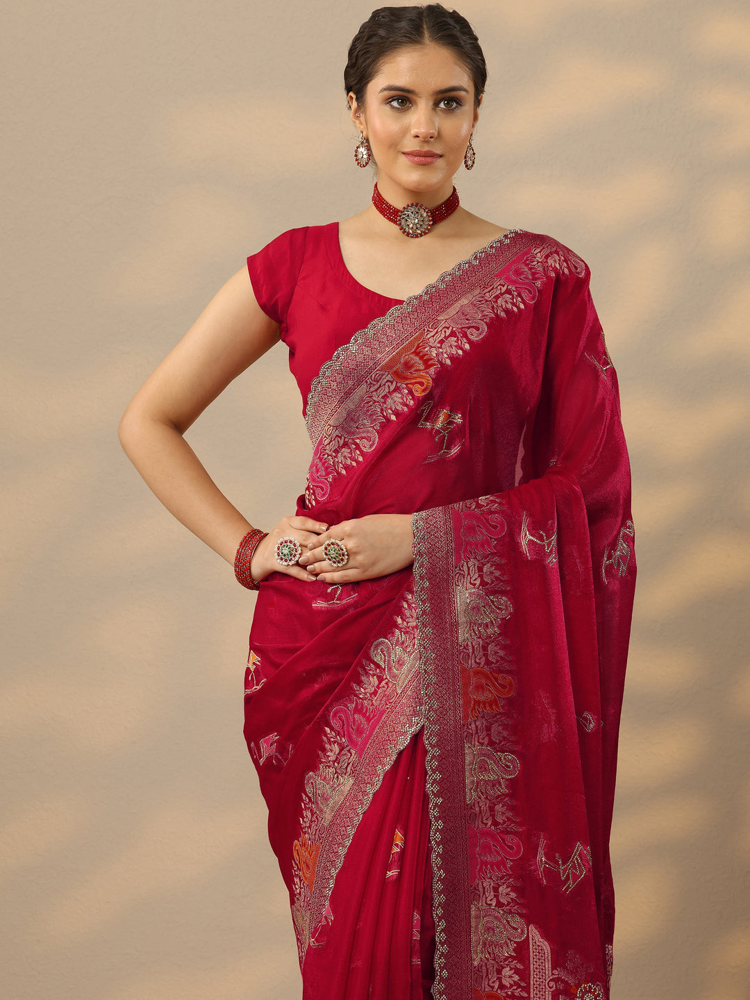 Red Embellished Banarasi Organza Saree With Unstitched Blouse Piece