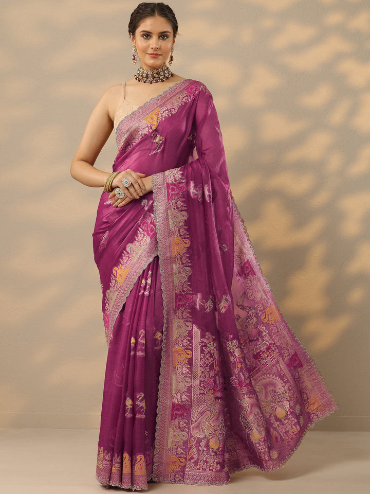 Mauve Embellished Baluchari Organza Saree With Unstitched Blouse Piece