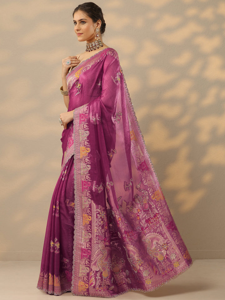Mauve Embellished Baluchari Organza Saree With Unstitched Blouse Piece
