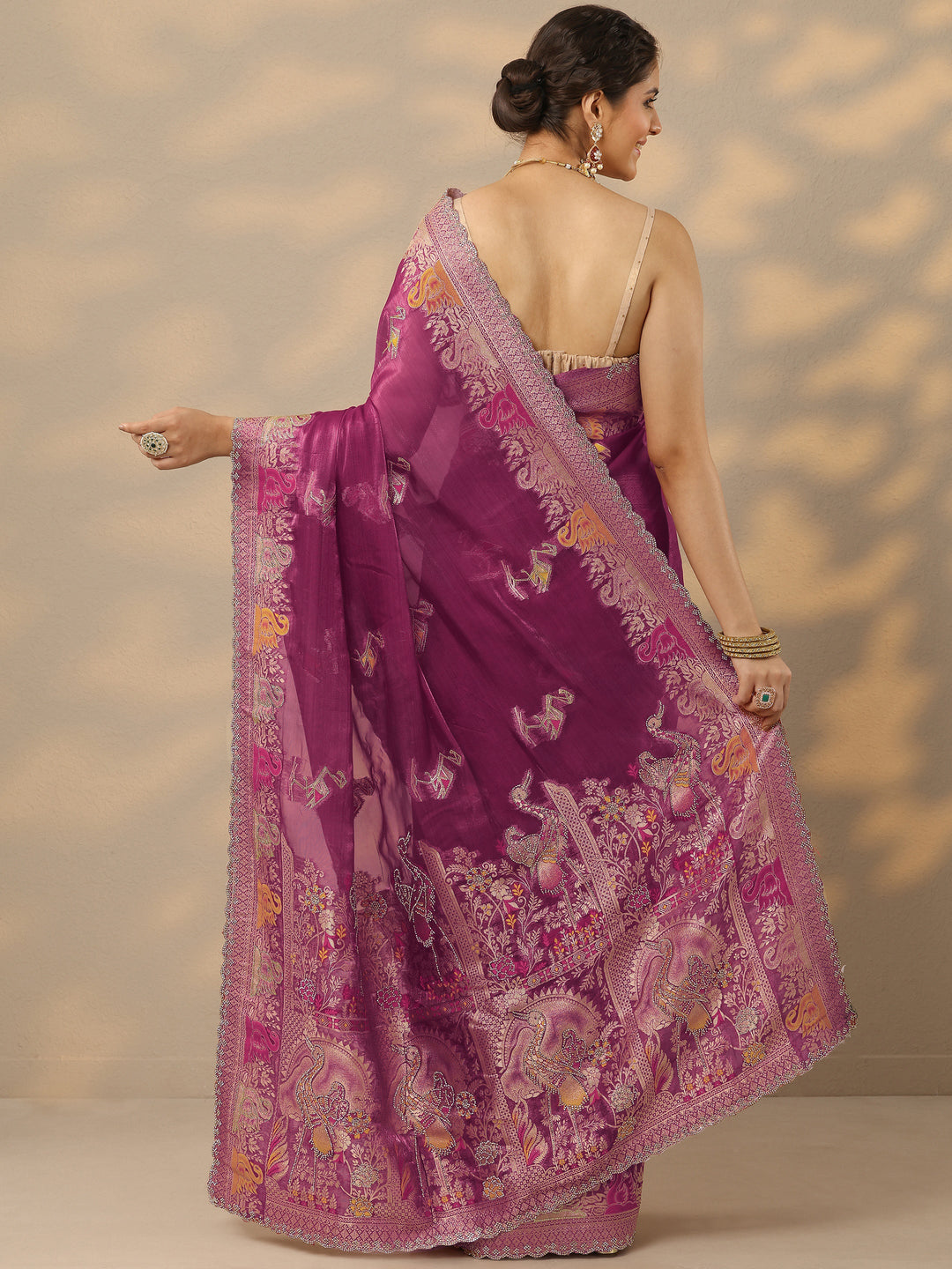 Mauve Embellished Baluchari Organza Saree With Unstitched Blouse Piece
