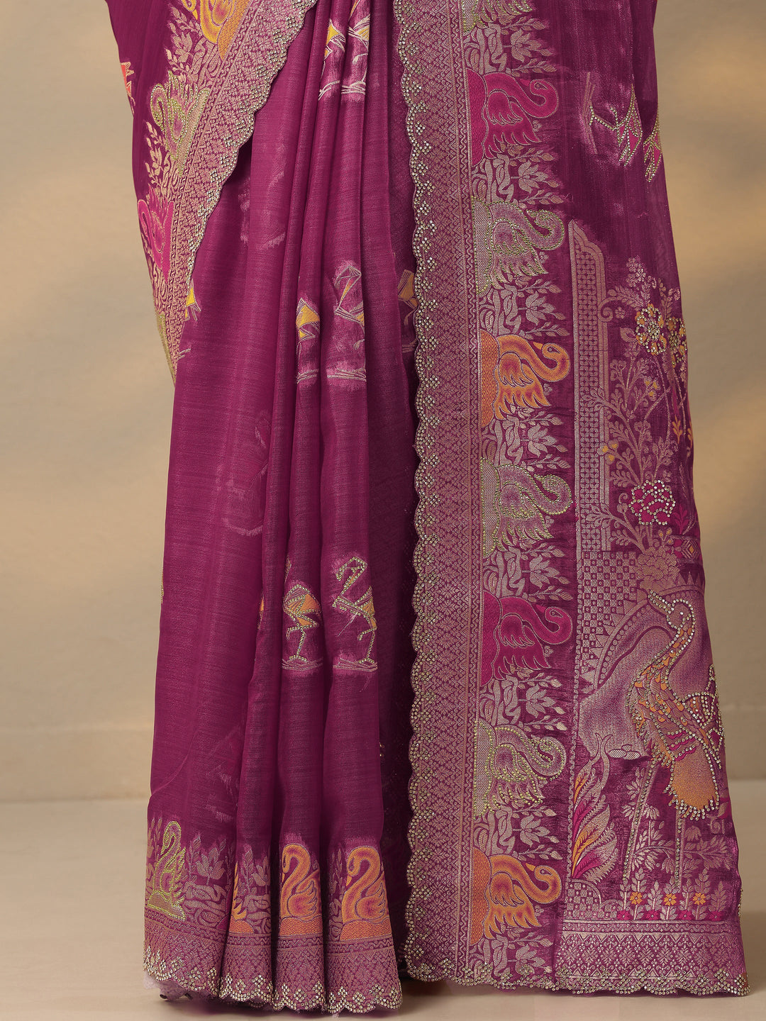 Mauve Embellished Baluchari Organza Saree With Unstitched Blouse Piece