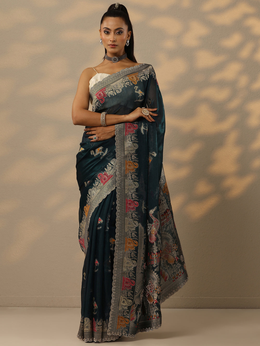 Teal Woven Design Organza Saree With Unstitched Blouse Piece