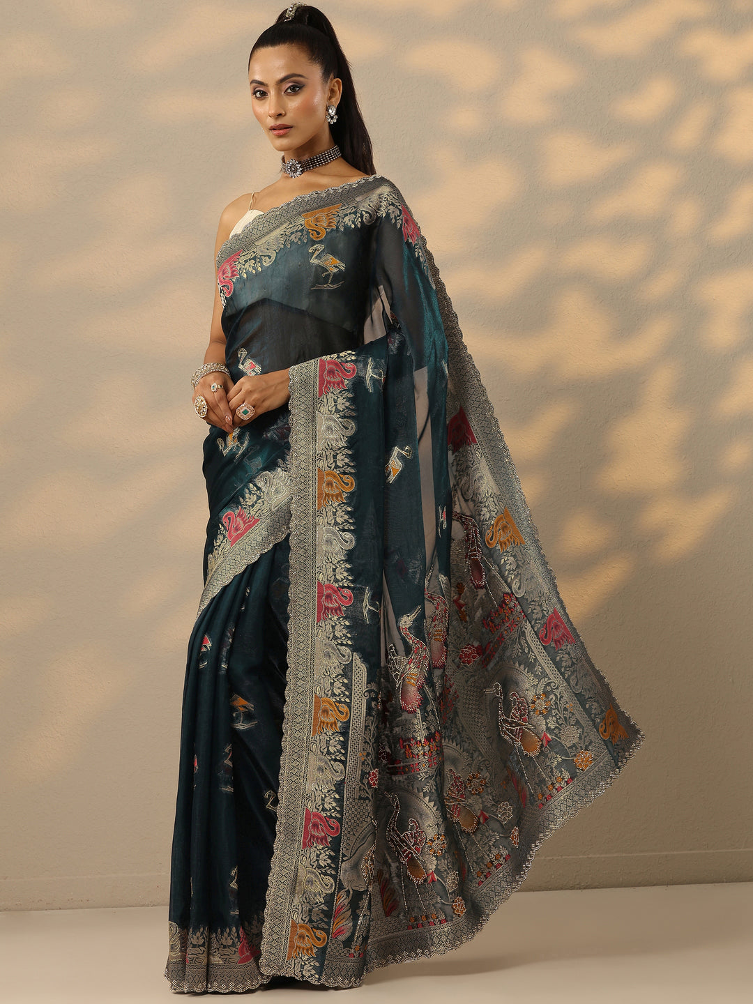Teal Woven Design Organza Saree With Unstitched Blouse Piece