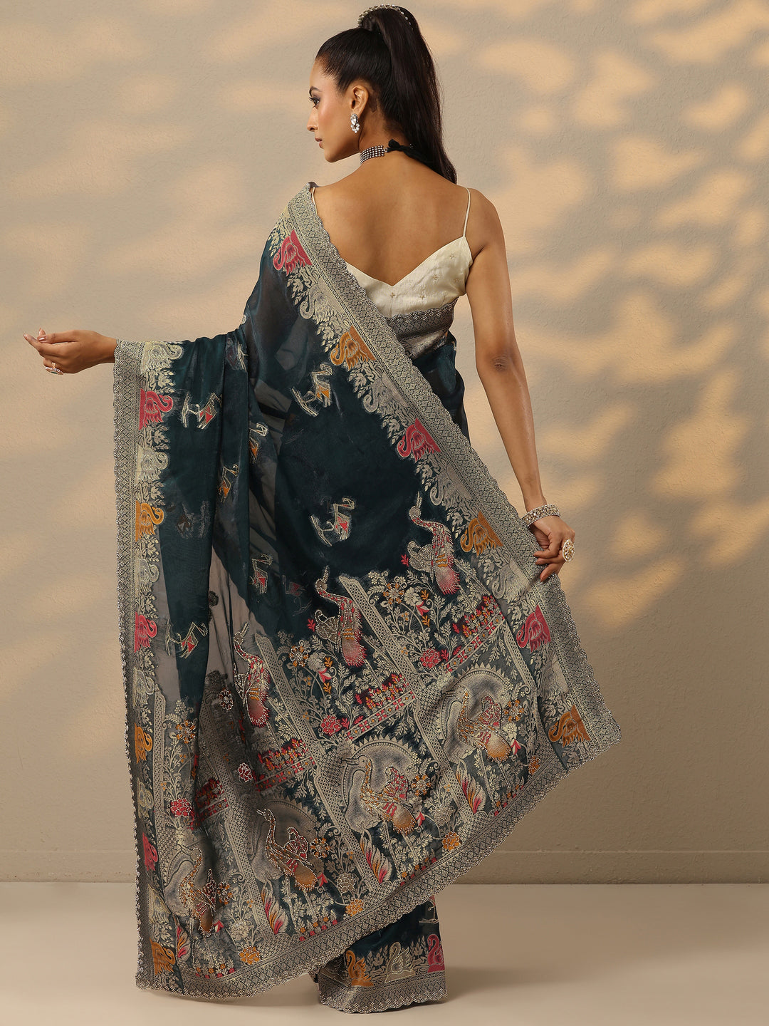 Teal Woven Design Organza Saree With Unstitched Blouse Piece