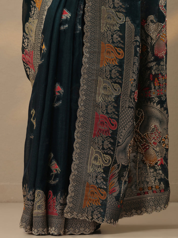 Teal Woven Design Organza Saree With Unstitched Blouse Piece