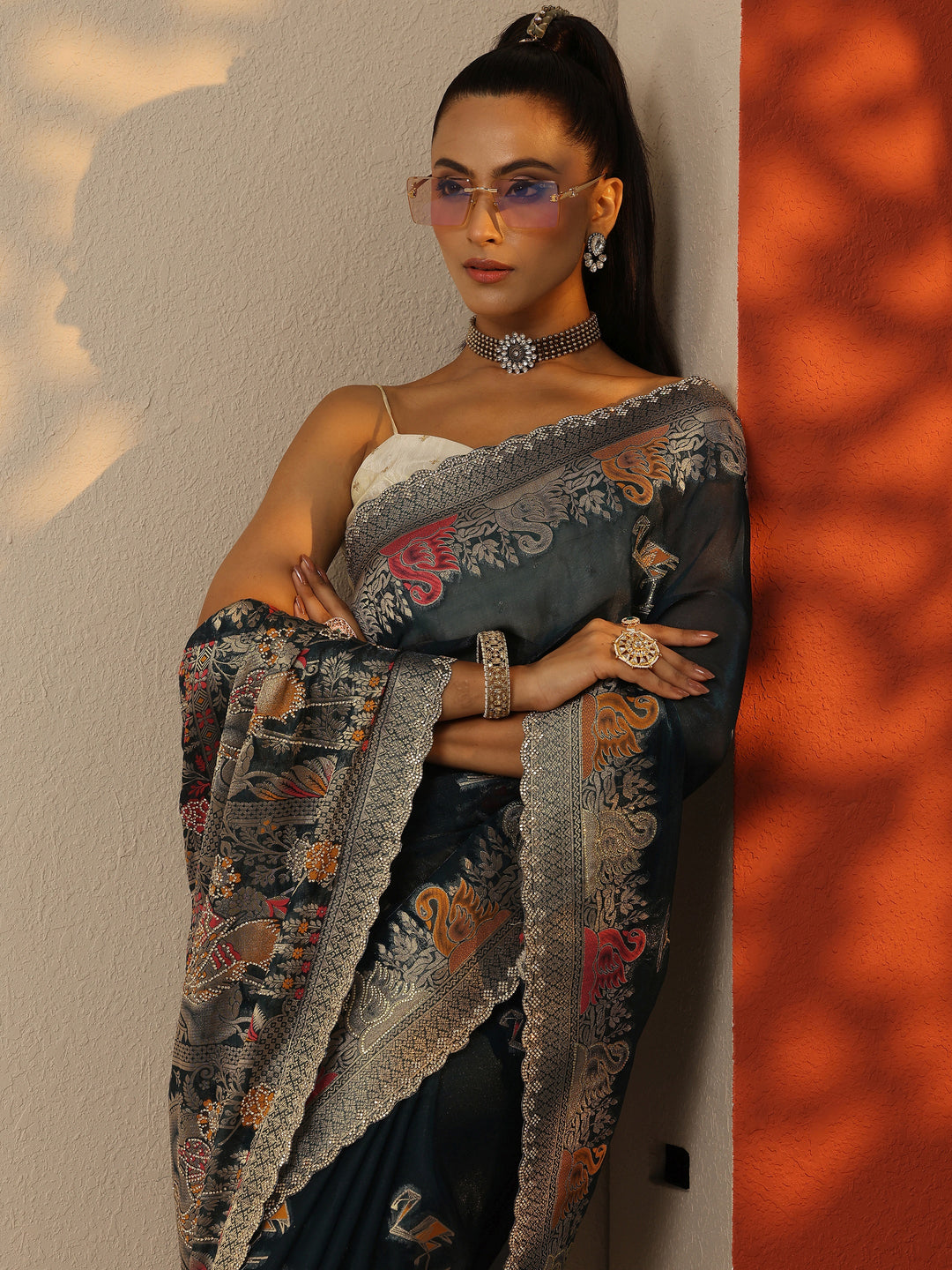 Teal Woven Design Organza Saree With Unstitched Blouse Piece