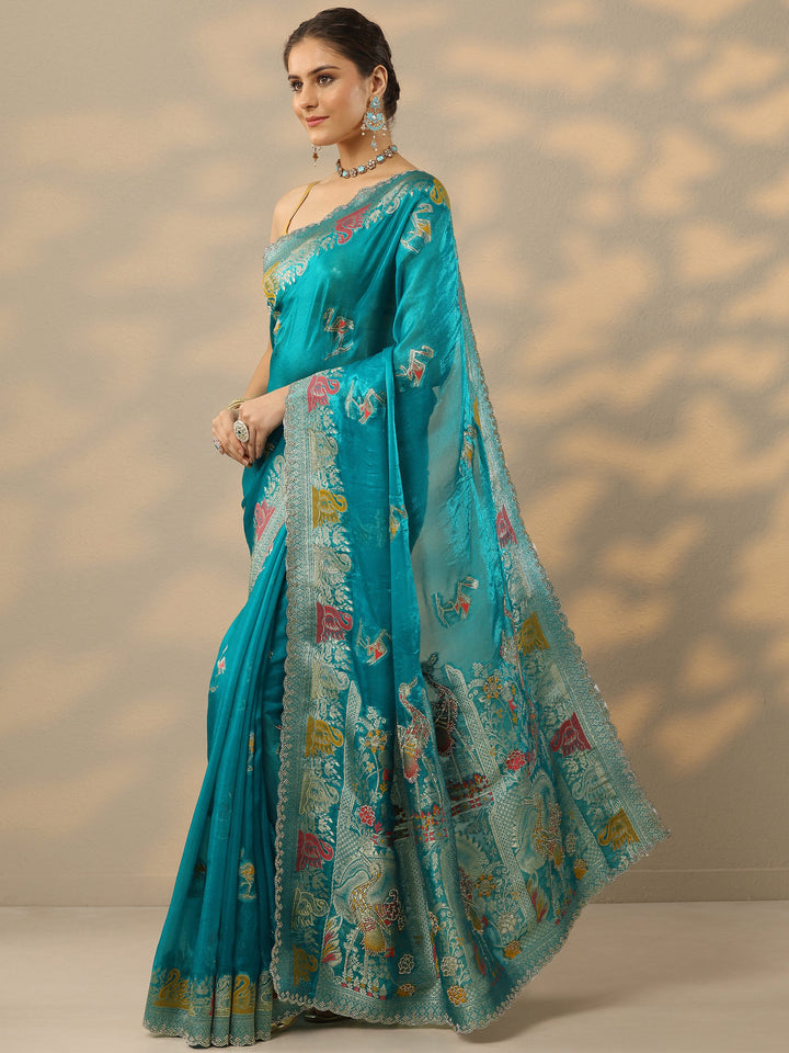 Green Embellished Jamdani Organza Saree With Unstitched Blouse Piece