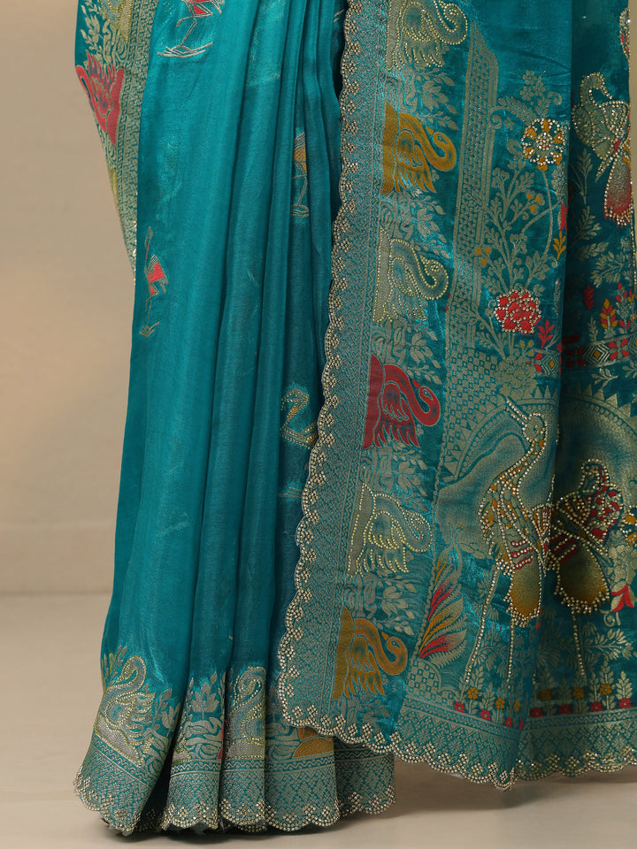 Green Embellished Jamdani Organza Saree With Unstitched Blouse Piece