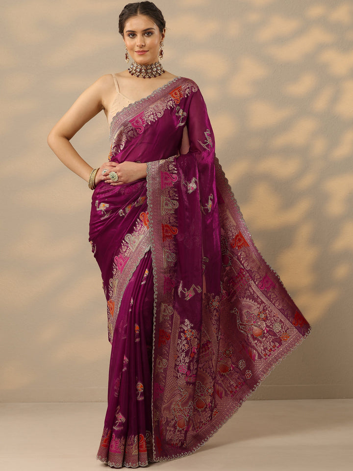 Wine Embellished Banarasi Organza Saree With Unstitched Blouse Piece
