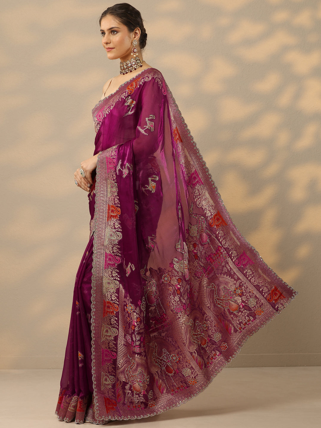 Wine Embellished Banarasi Organza Saree With Unstitched Blouse Piece