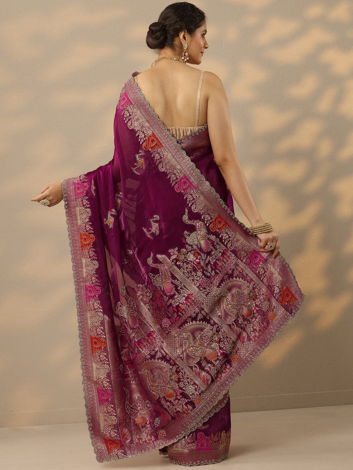 Wine Embellished Banarasi Organza Saree With Unstitched Blouse Piece