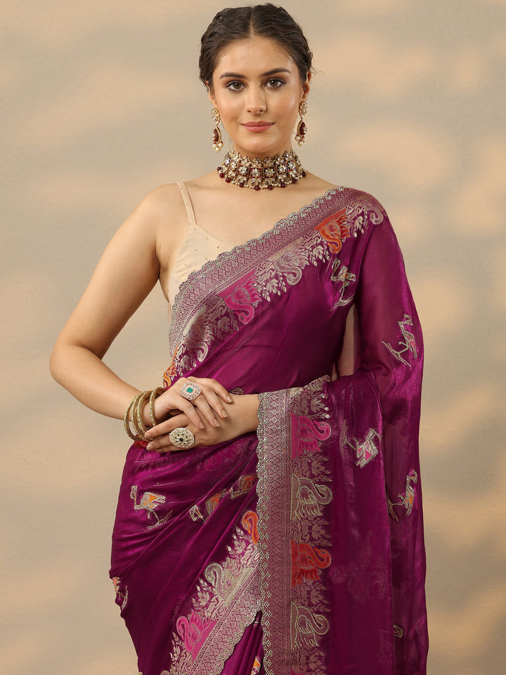 Wine Embellished Banarasi Organza Saree With Unstitched Blouse Piece