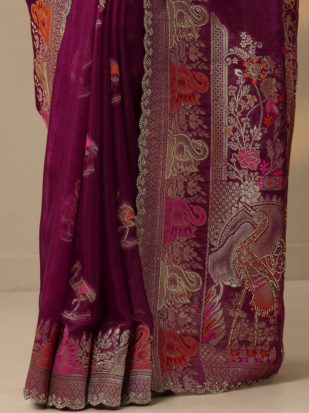 Wine Embellished Banarasi Organza Saree With Unstitched Blouse Piece
