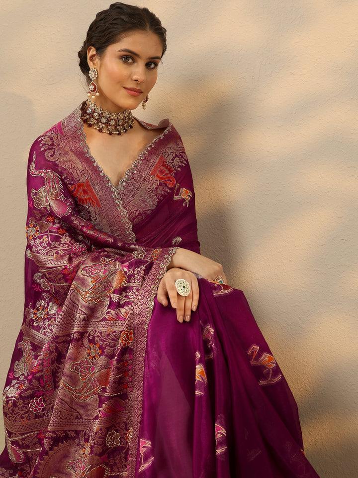 Wine Embellished Banarasi Organza Saree With Unstitched Blouse Piece