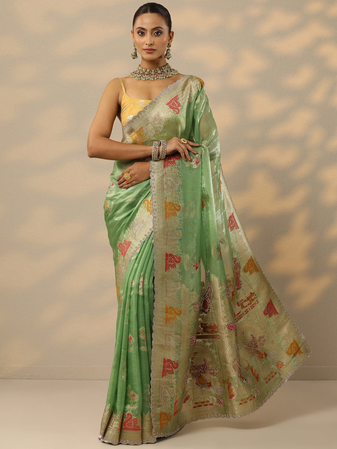 Green Embellished Banarasi Organza Saree With Unstitched Blouse Piece