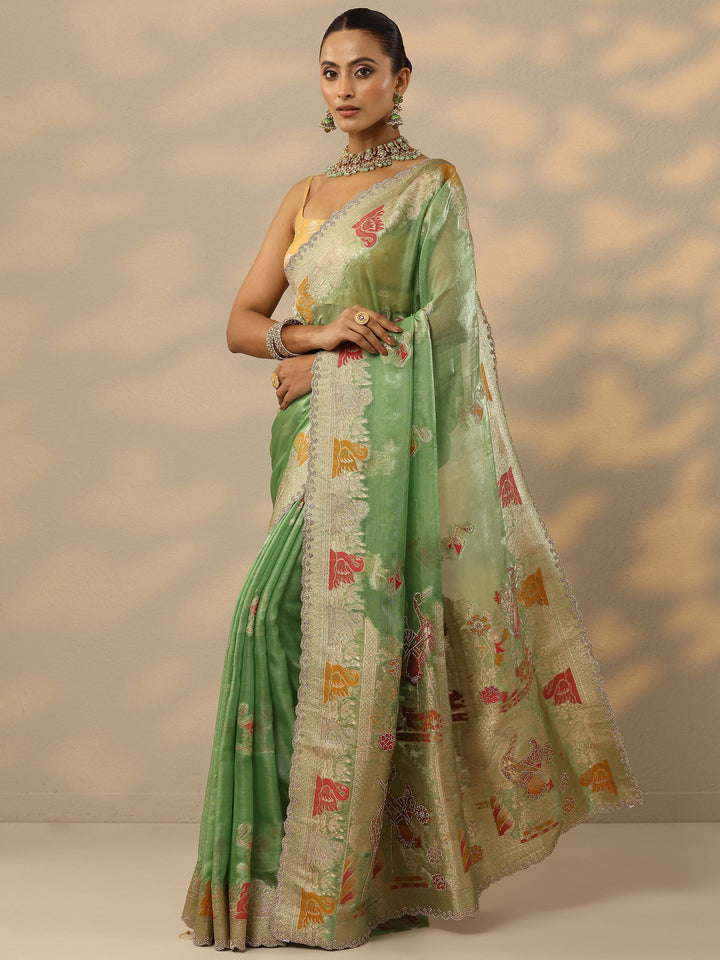 Green Embellished Banarasi Organza Saree With Unstitched Blouse Piece