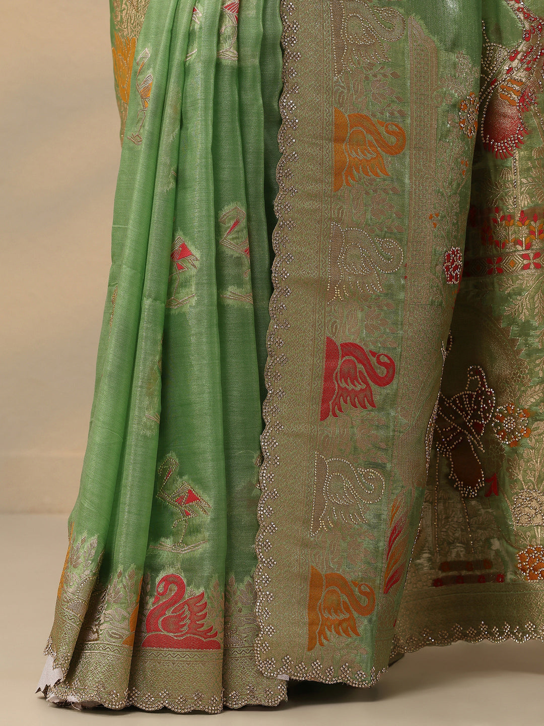 Green Embellished Banarasi Organza Saree With Unstitched Blouse Piece