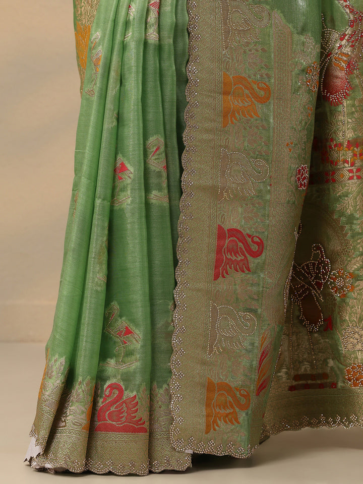 Green Embellished Banarasi Organza Saree With Unstitched Blouse Piece