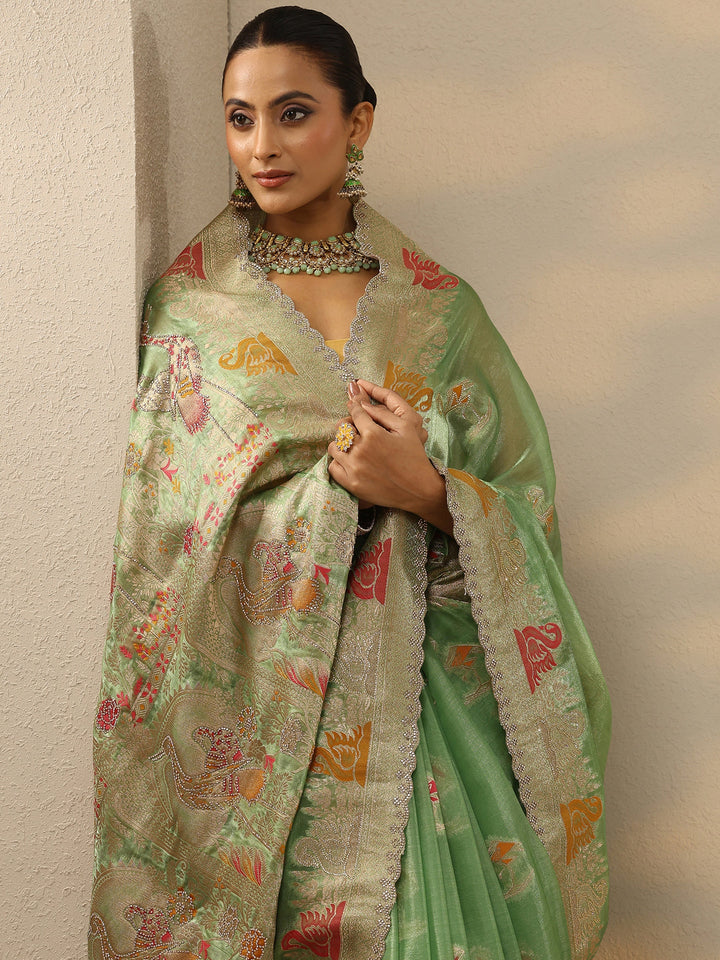 Green Embellished Banarasi Organza Saree With Unstitched Blouse Piece