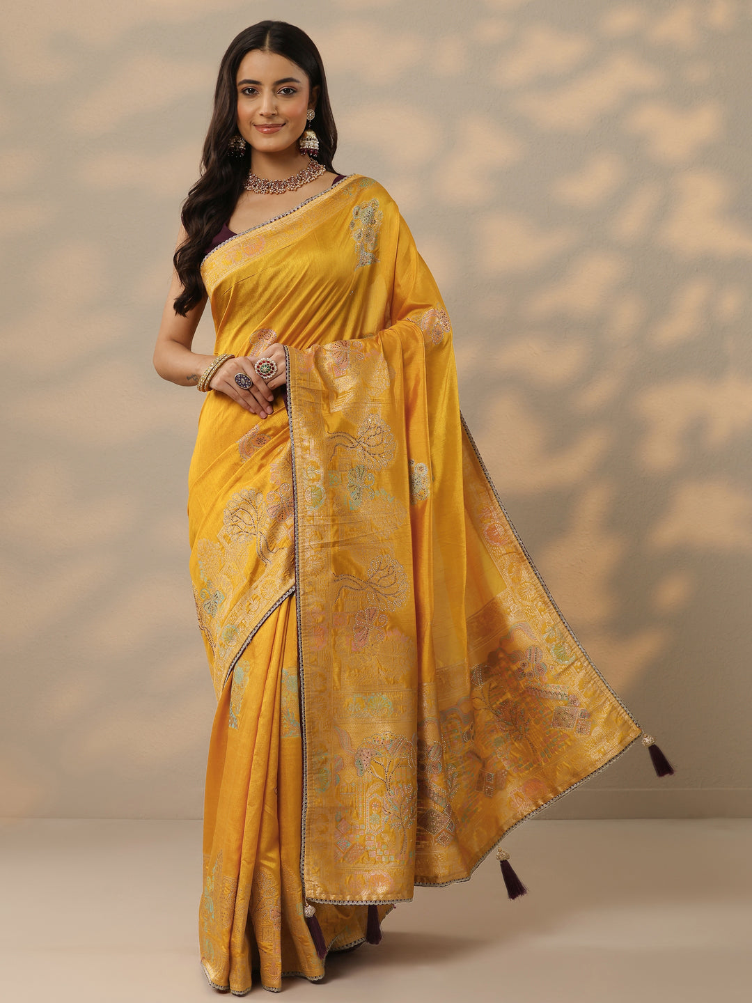 Mustard Embellished Banarasi Silk Blend Saree With Unstitched Blouse Piece
