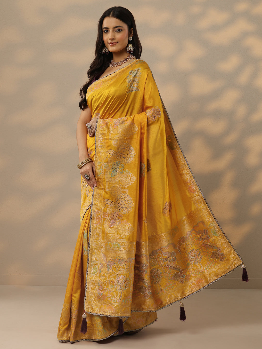 Mustard Embellished Banarasi Silk Blend Saree With Unstitched Blouse Piece
