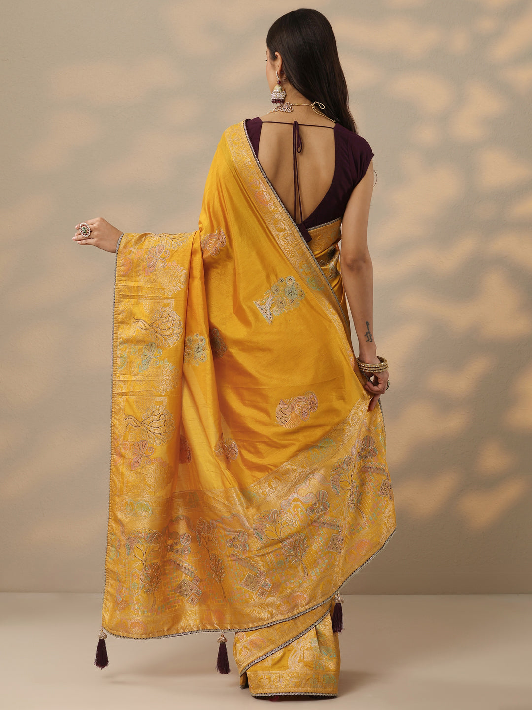 Mustard Embellished Banarasi Silk Blend Saree With Unstitched Blouse Piece