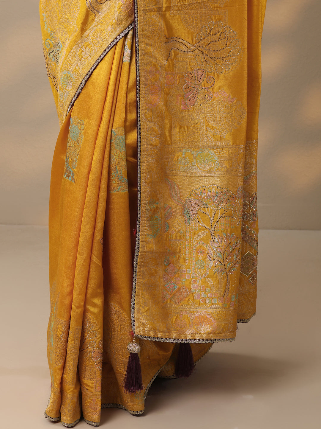 Mustard Embellished Banarasi Silk Blend Saree With Unstitched Blouse Piece