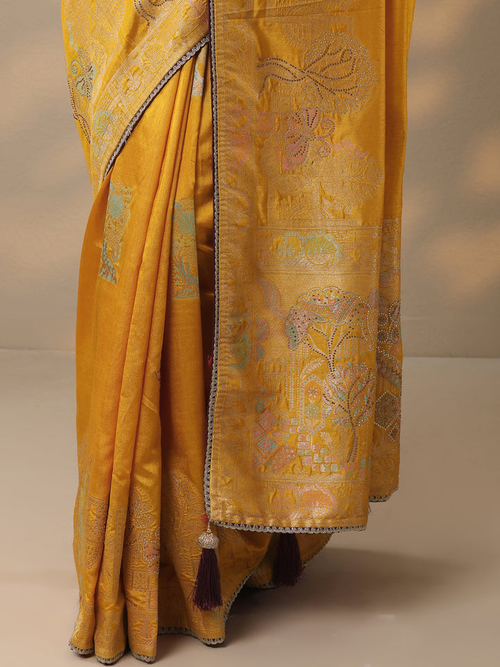 Mustard Embellished Banarasi Silk Blend Saree With Unstitched Blouse Piece