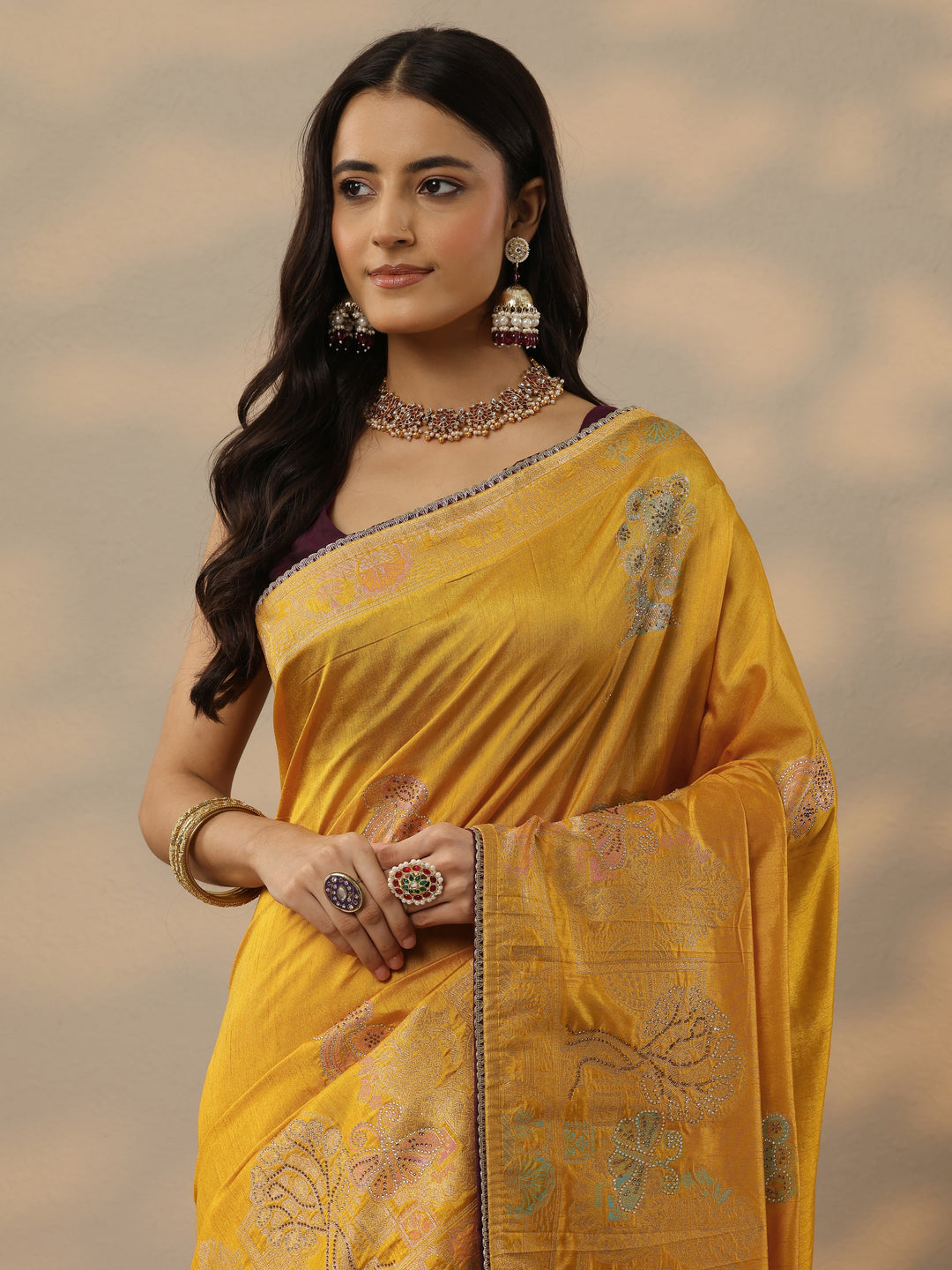Mustard Embellished Banarasi Silk Blend Saree With Unstitched Blouse Piece