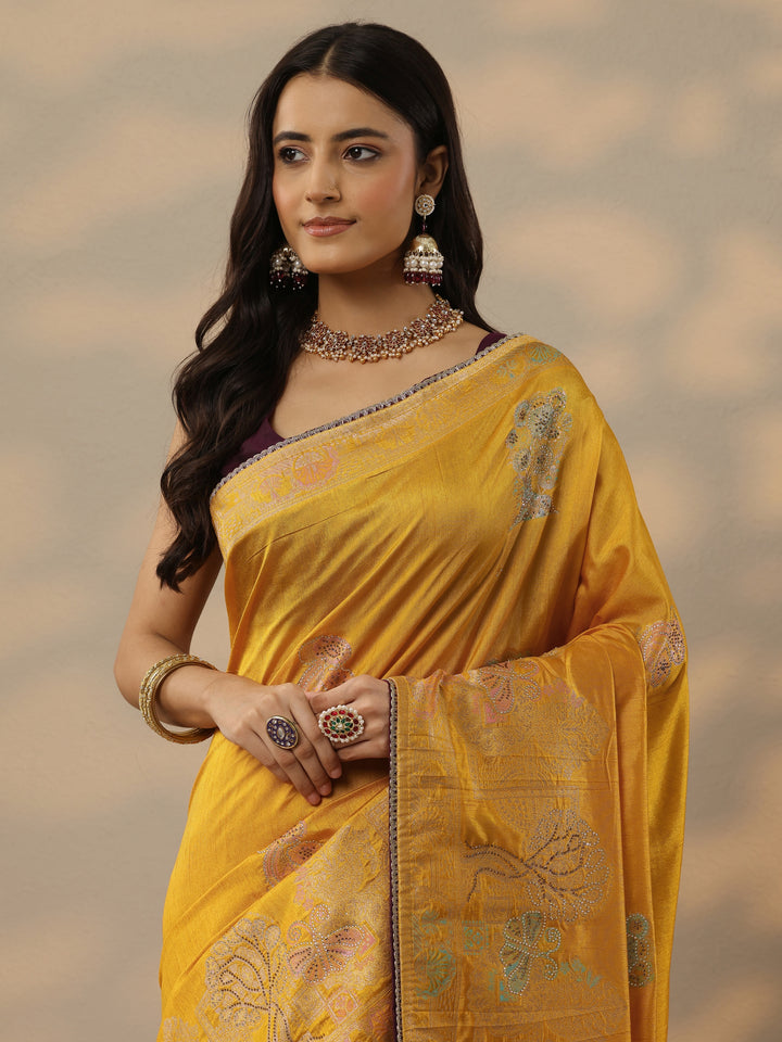 Mustard Embellished Banarasi Silk Blend Saree With Unstitched Blouse Piece
