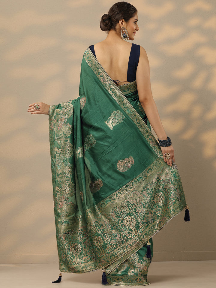 Green Embellished Baluchari Silk Blend Saree With Unstitched Blouse Piece