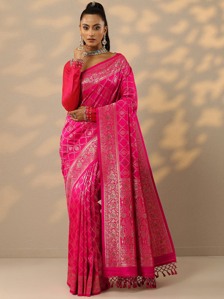 Pink Embellished Banarasi Silk Blend Saree With Unstitched Blouse Piece