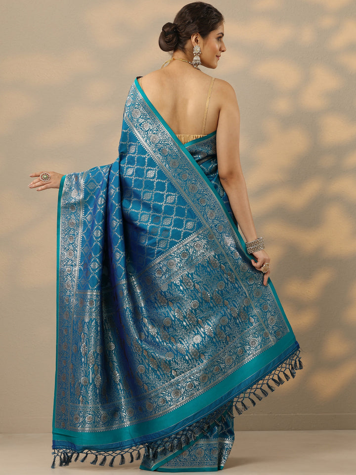 Blue Embellished Banarasi Silk Blend Saree With Unstitched Blouse Piece