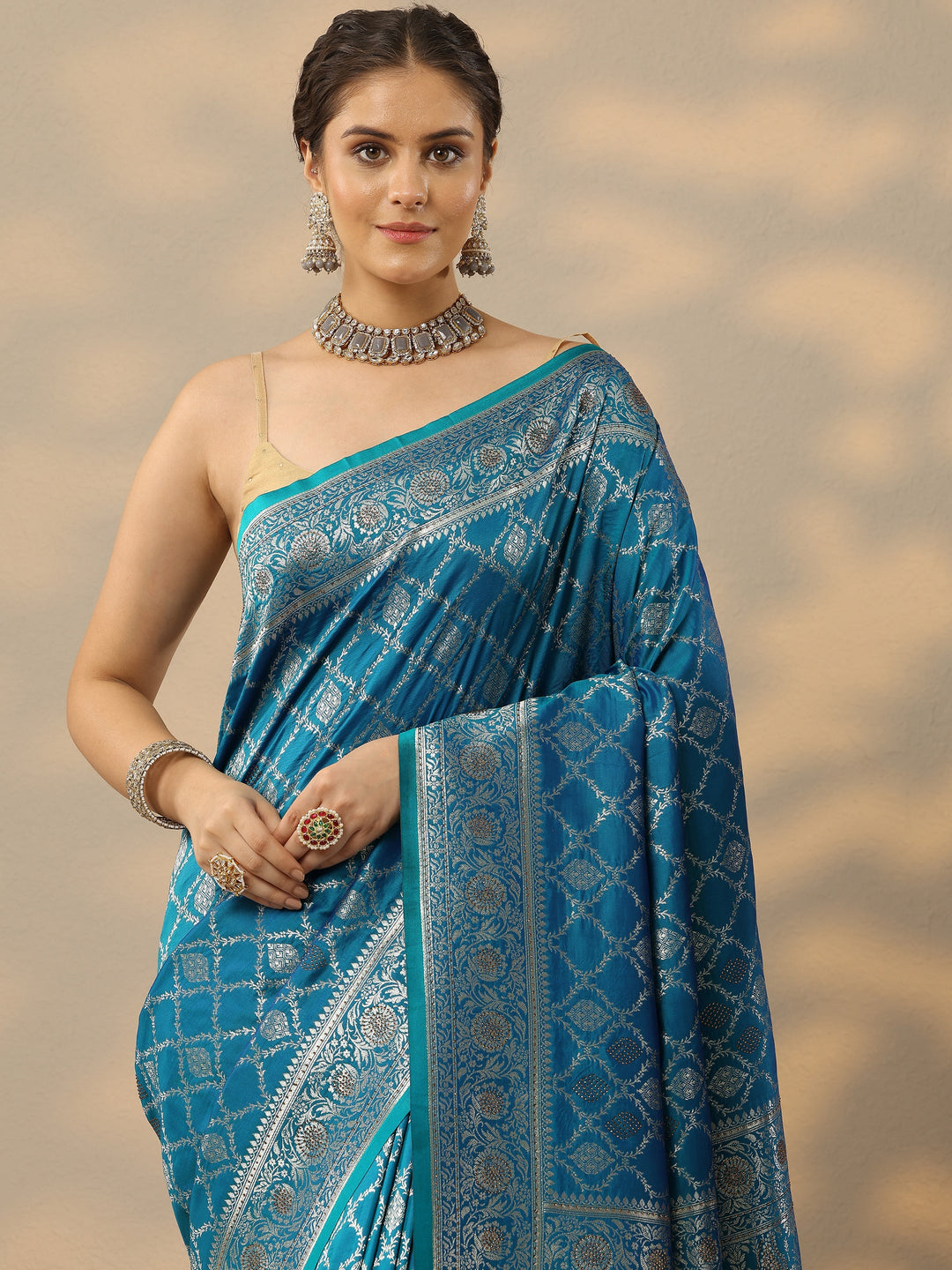 Blue Embellished Banarasi Silk Blend Saree With Unstitched Blouse Piece