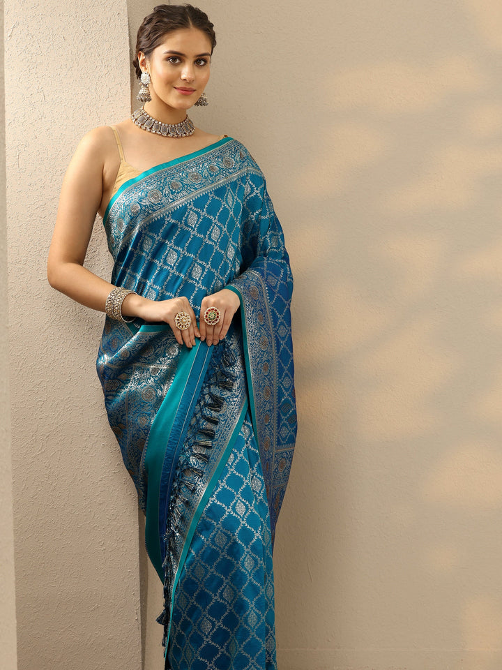 Blue Embellished Banarasi Silk Blend Saree With Unstitched Blouse Piece
