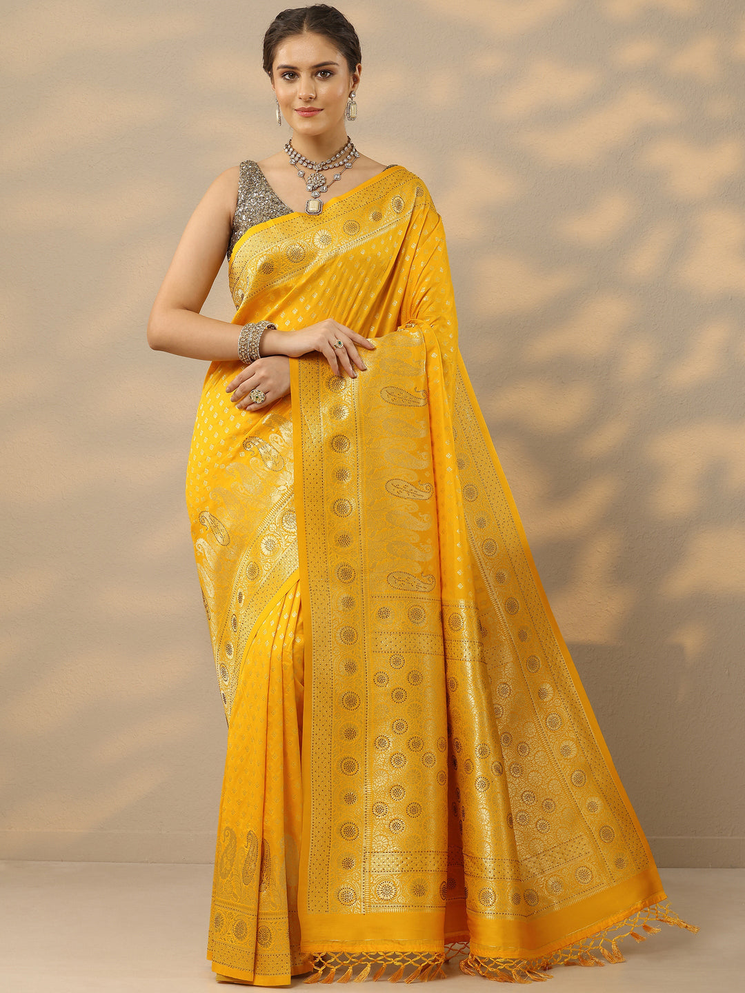 Yellow Embellished Banarasi Silk Blend Saree With Unstitched Blouse Piece
