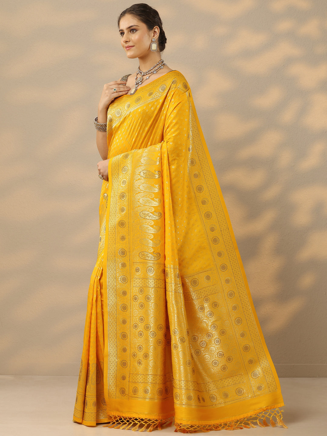 Yellow Embellished Banarasi Silk Blend Saree With Unstitched Blouse Piece