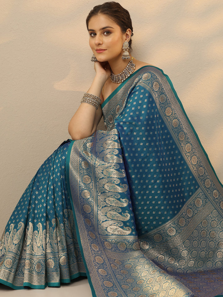 Blue Woven Design Banarasi Silk Blend Saree With Unstitched Blouse Piece