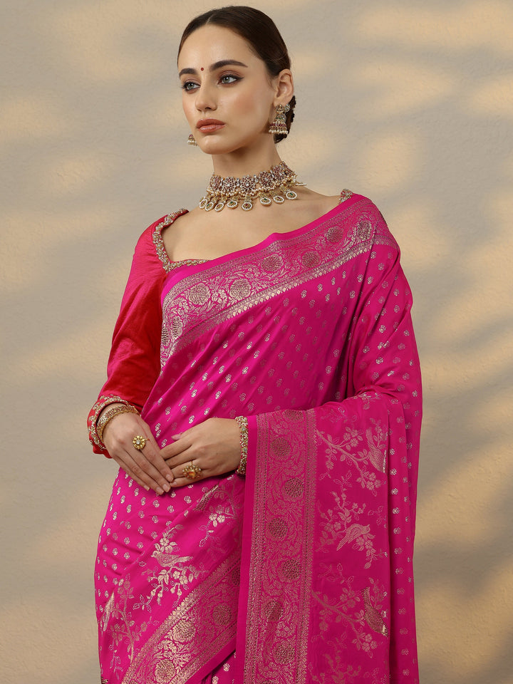 Pink Woven Design Banarasi Silk Blend Saree With Unstitched Blouse Piece
