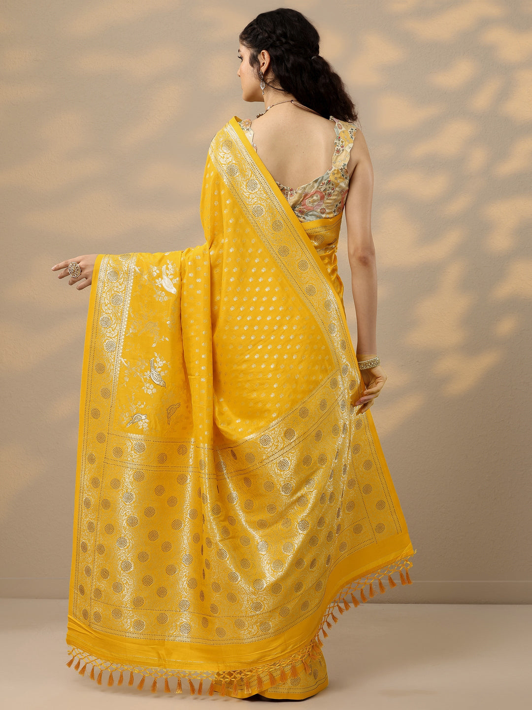 Yellow Woven Design Banarasi Silk Blend Saree With Unstitched Blouse Piece