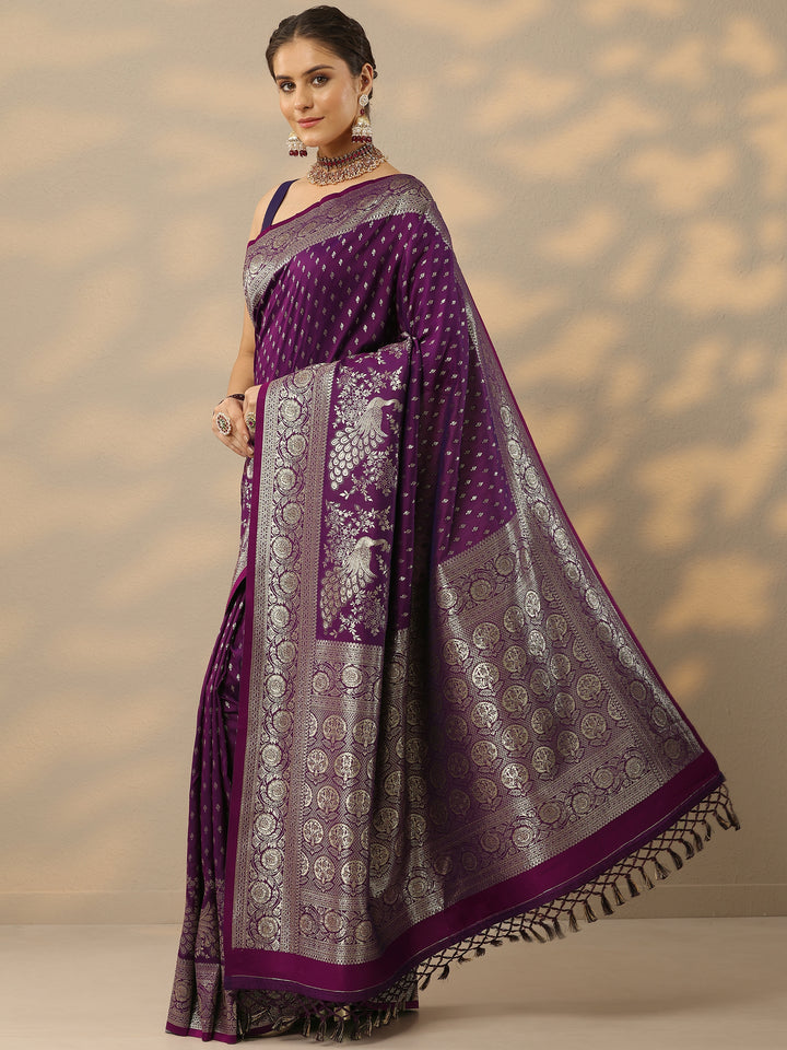 Purple Embellished Banarasi Silk Blend Saree With Unstitched Blouse Piece