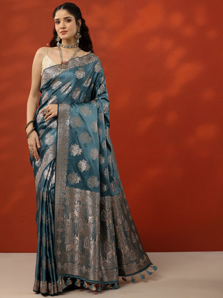 Blue Woven Design Banarasi Silk Blend Saree With Unstitched Blouse Piece
