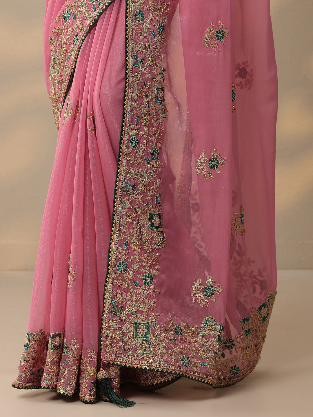 Pink Embroidered Chinon Saree With Unstitched Blouse Piece