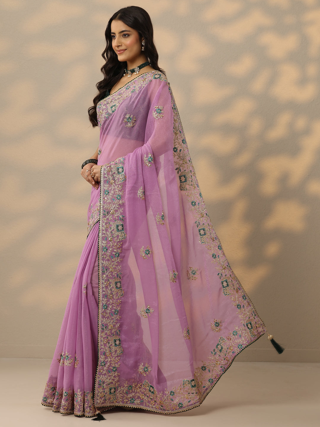 Lavender Embroidered Chinon Saree With Unstitched Blouse Piece