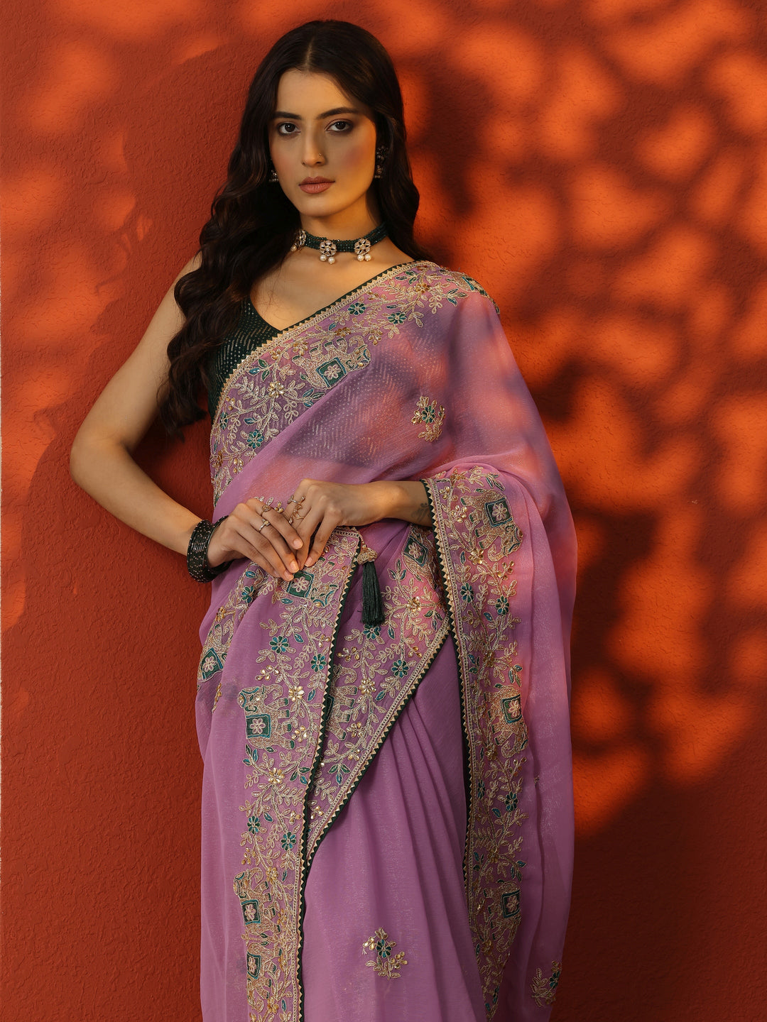 Lavender Embroidered Chinon Saree With Unstitched Blouse Piece