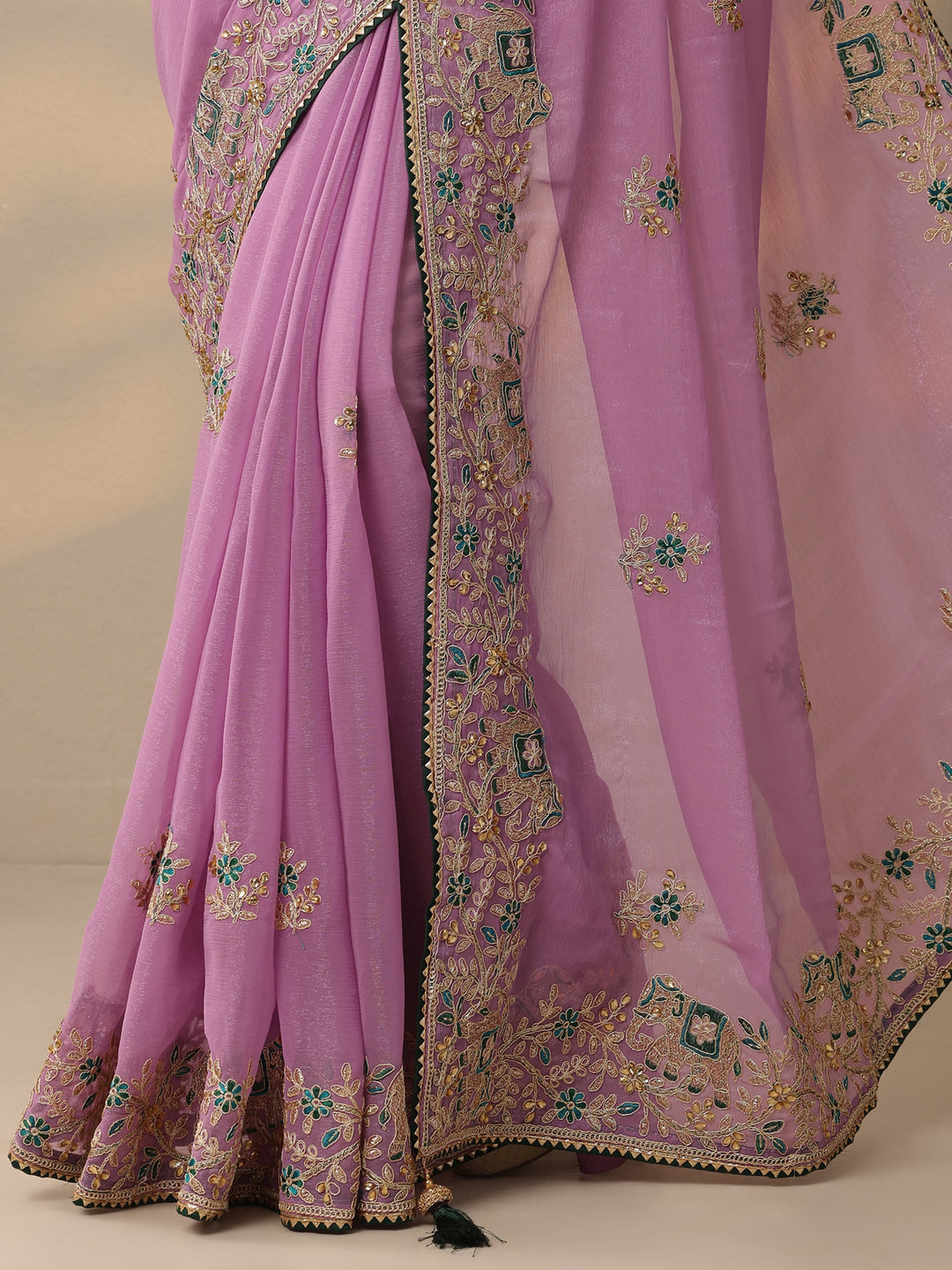 Lavender Embroidered Chinon Saree With Unstitched Blouse Piece