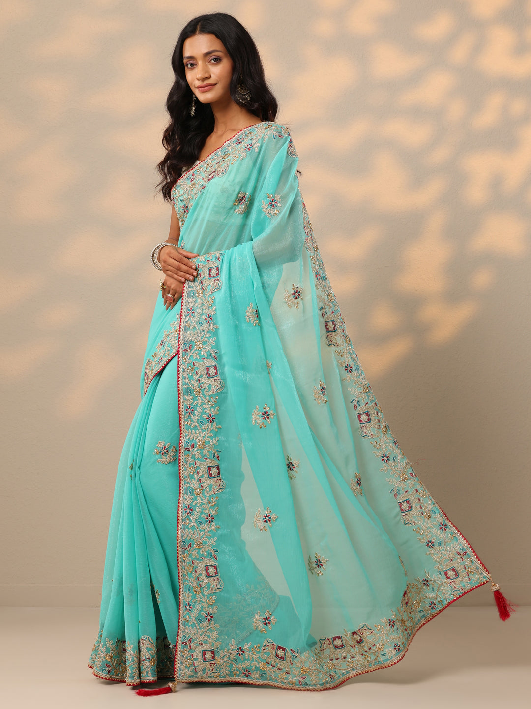 Turquoise blue Embroidered Chinon Saree With Unstitched Blouse Piece
