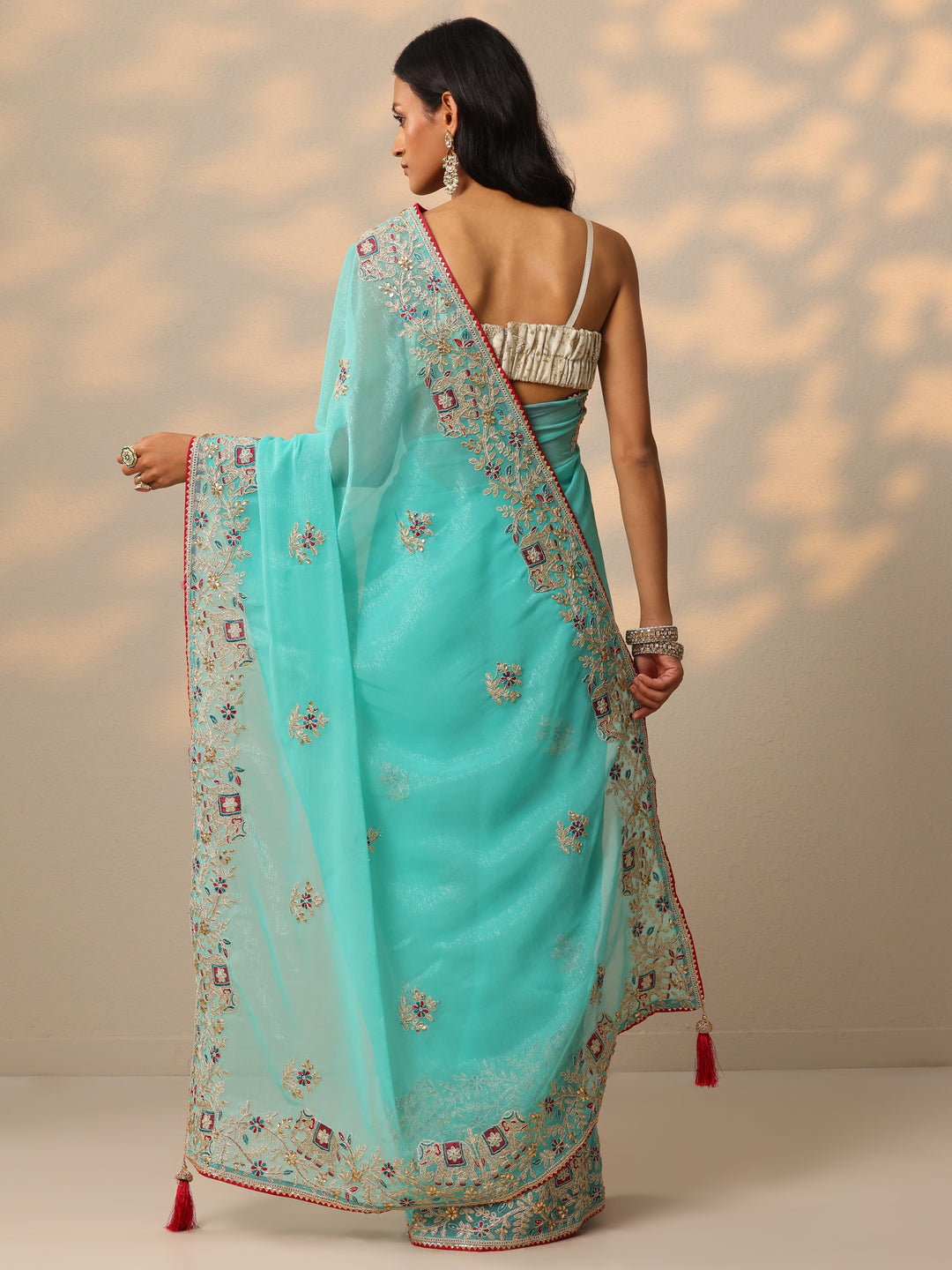Turquoise blue Embroidered Chinon Saree With Unstitched Blouse Piece