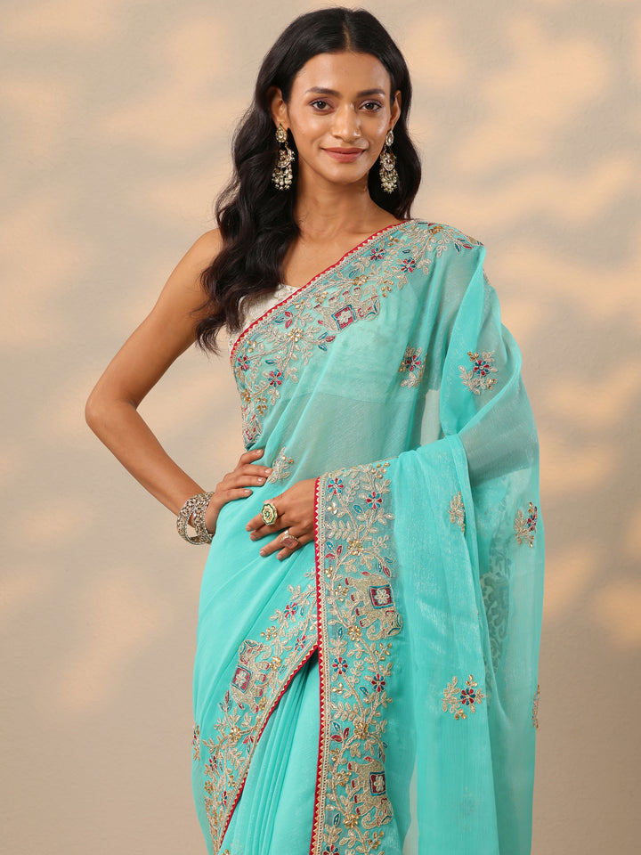 Turquoise blue Embroidered Chinon Saree With Unstitched Blouse Piece