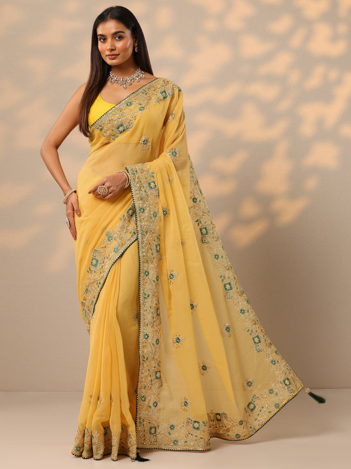 Mustard Embroidered Chinon Saree With Unstitched Blouse Piece